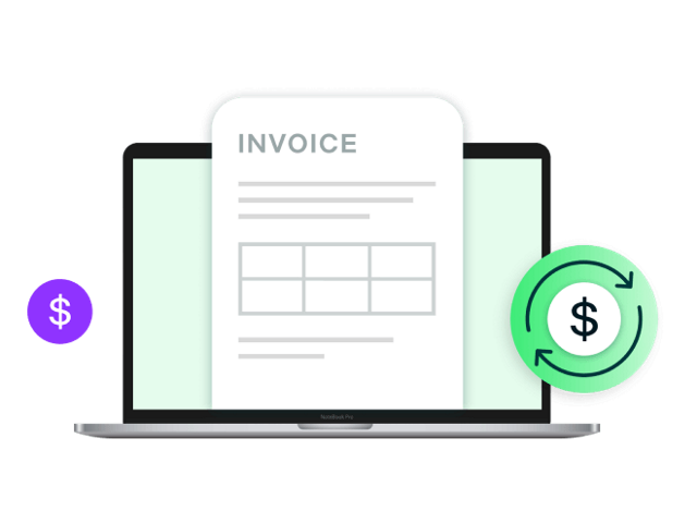 e-invoice exchange framework masthead image of a computer with two dollar sign icons on either side of it with an invoice on the screen