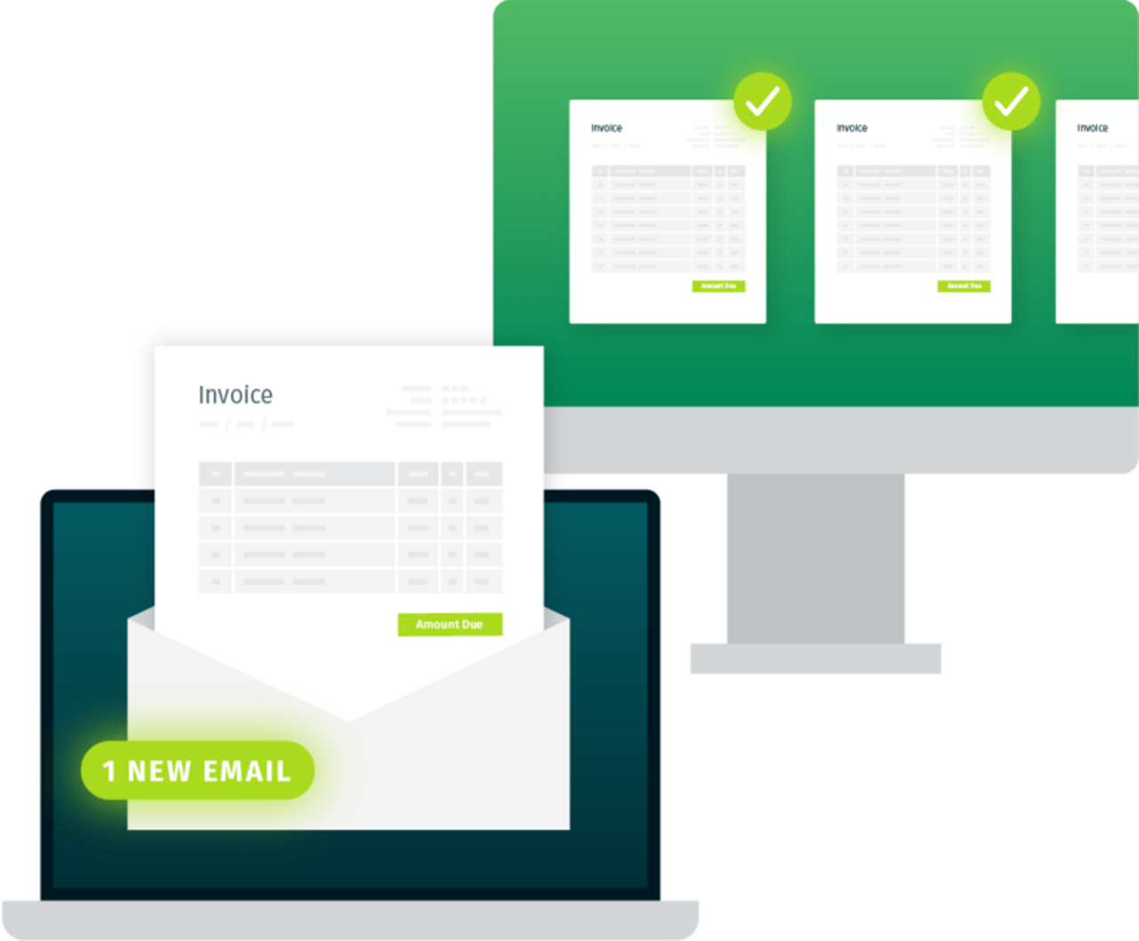 Diagram showing digital invoices on a laptop and desktop computer monitor