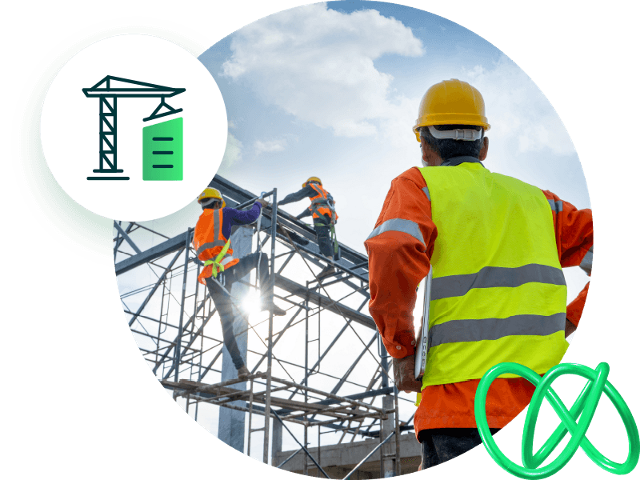 Man looking at construction site with construction crane icon