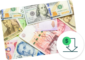 Currencies from different countries with money and arrow down icon